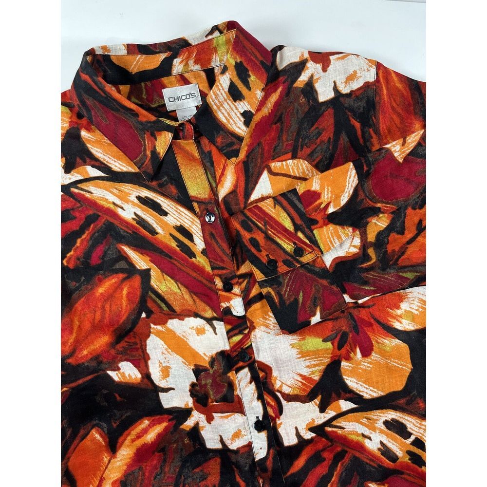 Chicos Womens Multi-color Floral 100% Linen Top Button Up Sz 1 Colorful Resort